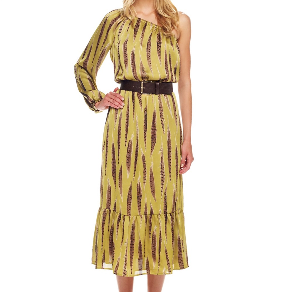 Michael Kors Silk One-Shoulder Tiered Georgette Dress – Tarragon Feather Print
